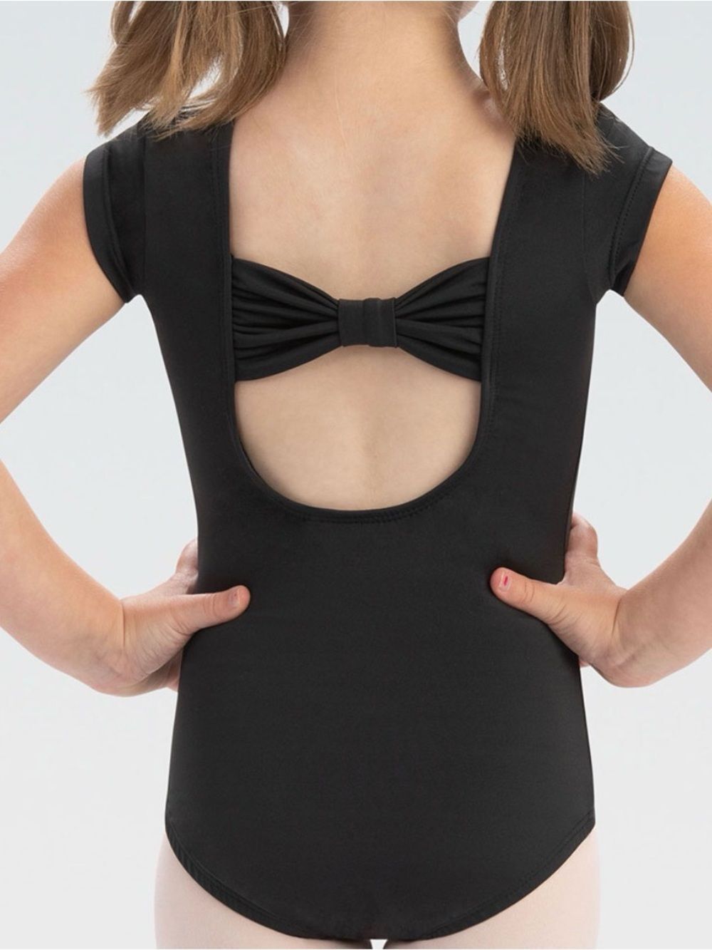 GK Elite Black Bow Back Cap Sleeve Leotard Sz CL